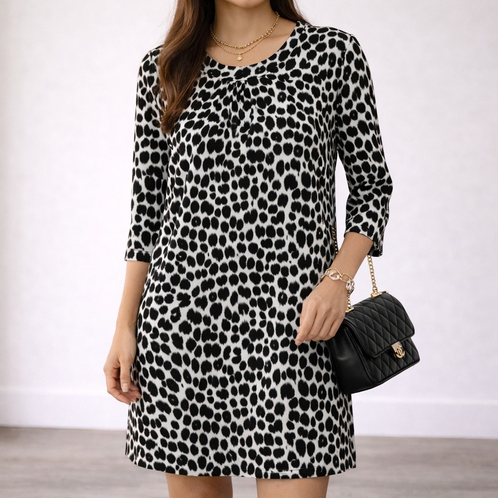 Kate Spade Leopard Print Shift Dress Womens 10 Black White Silk Blend Bow Pocket